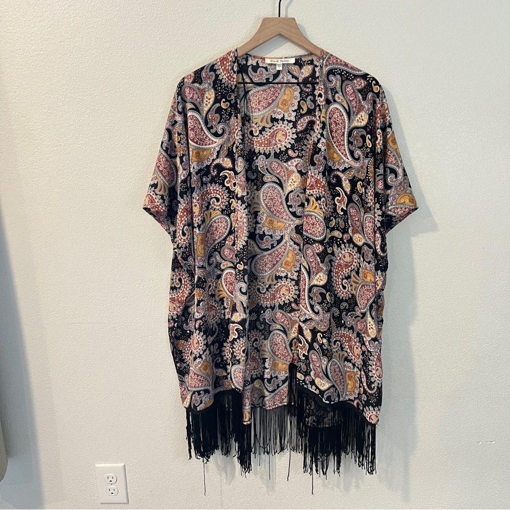 Black Rain Chiffon Paisley Fringe Open‎ Front Kimono Boho Size L